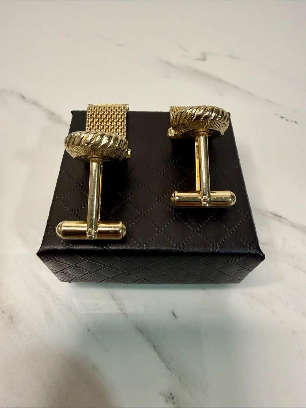 Gold Tone Mesh Cufflinks with Faceted Crystal Accent